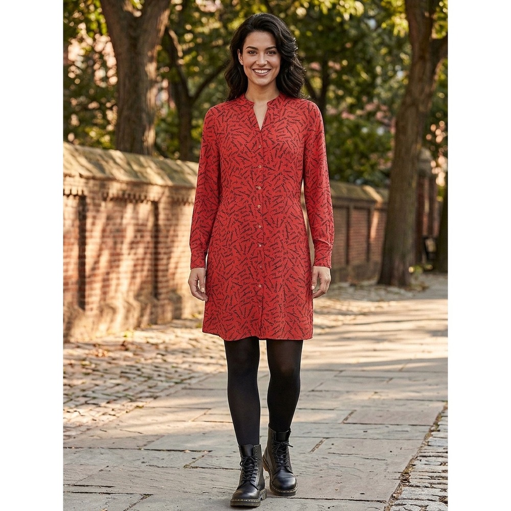 Banana Republic Red French Script Amour Bonjour Dress Long Sleeve Romantic 2